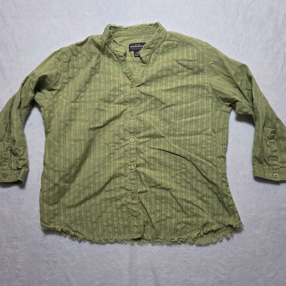 Woolrich Womens Split Pea Green Cotton Button Up Fringe 3/4 Sleeves Outdoor Sz L